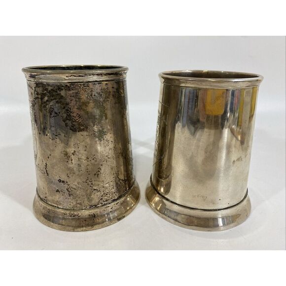 Antique Pair Silverplate British Stein Tankard Hand Etched Lion Crest Guild - Picture 5 of 15